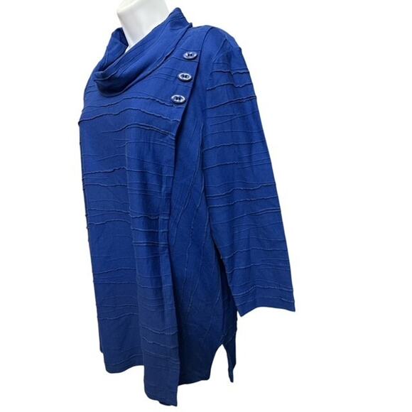 Ali Miles Large Top Royal Blue Pullover Cowl Neck Buttons Overlap Cotton Nylon - Picture 3 of 5
